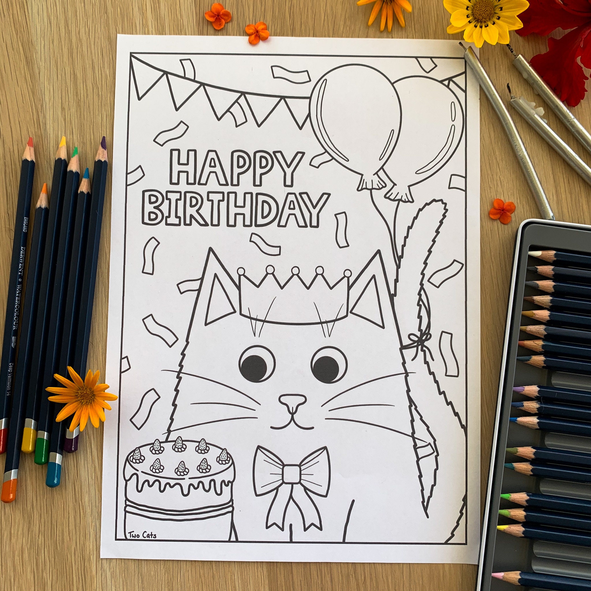 Happy Birthday Cat Colouring Page Instant Download Printable | Etsy