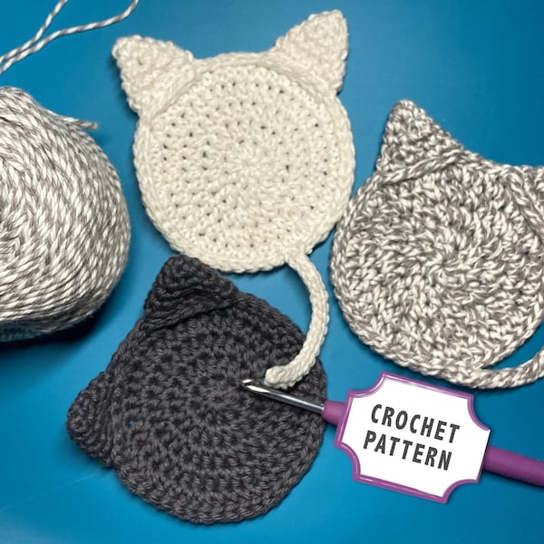 Crochet PATTERN: cat coaster with stand-up ears and curly tail | Beginner-friendly DIY kitten mug rug tutorial with detailed instructions