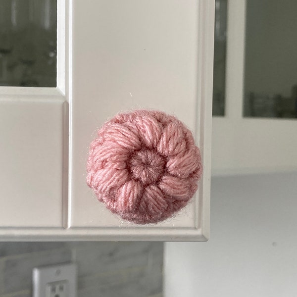Flower stitch cabinet knob cover | Handmade, padded crochet accessory for 1-1.25 inch round dresser handles