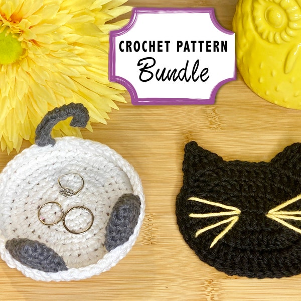 Crochet PATTERN (2) BUNDLE: round cat shaped ring dish & oval kitten head coaster | Instant download pdfs with derails instructions