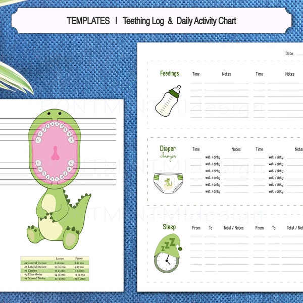 Crocodile Baby Printable bundle | Tooth eruption map 0-3 years AND daily log for sleep / feeding / diapering