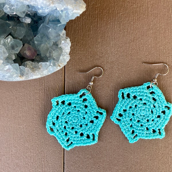 Handmade snowflake earrings | Drop and dangle pinwheel jewelry | Playful, intricate, crochet statement piece