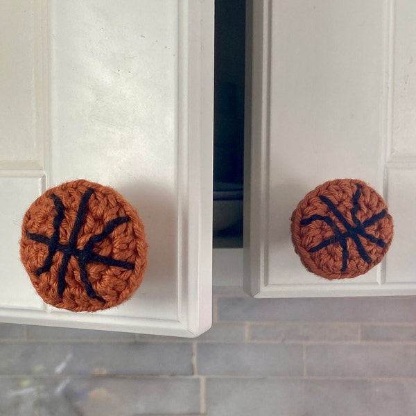 SET: Basketball cabinet knob covers | Handmade crochet slip-on room decor for b-ball enthusiasts' 1.25-1.5 inch round dresser handles