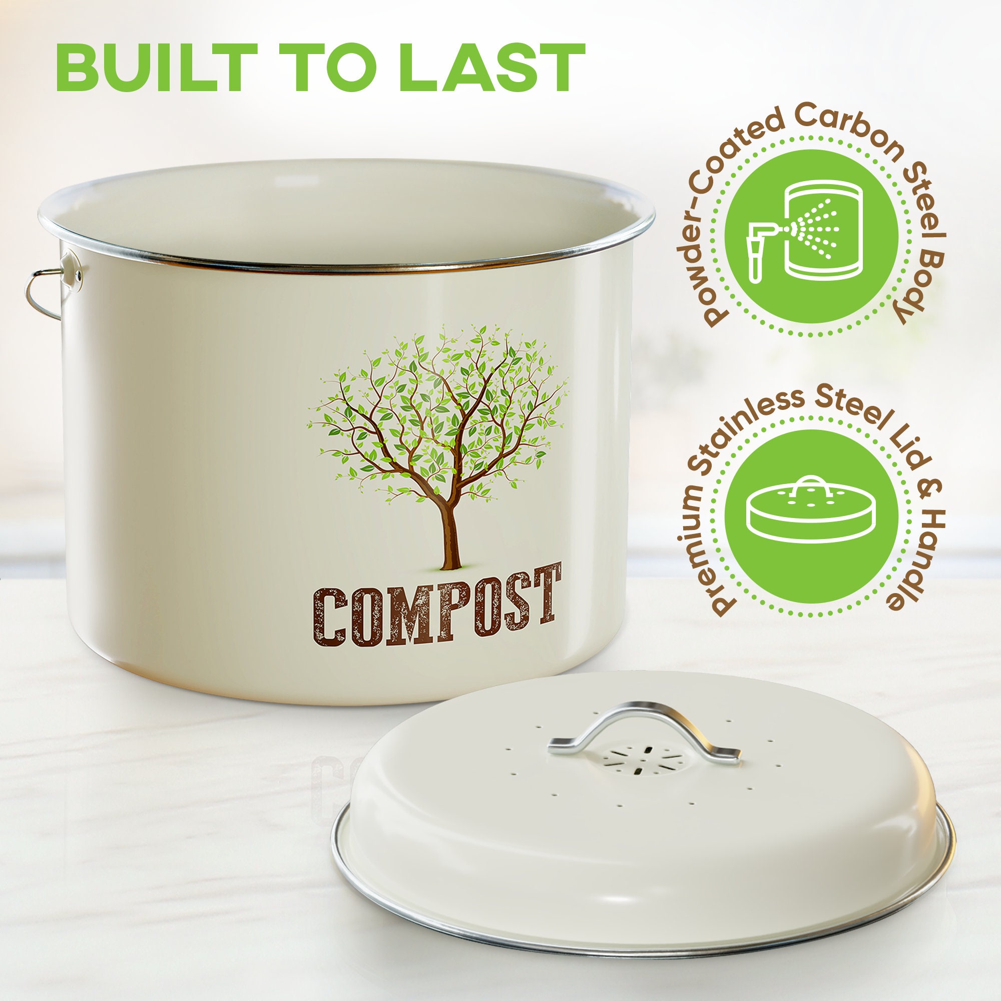 Third Rock Compost Bin for Kitchen Counter - 1.3 Gallon 5 Liter | Premium Dual Layer Powder Coated Carbon Steel Compost Bin Coun