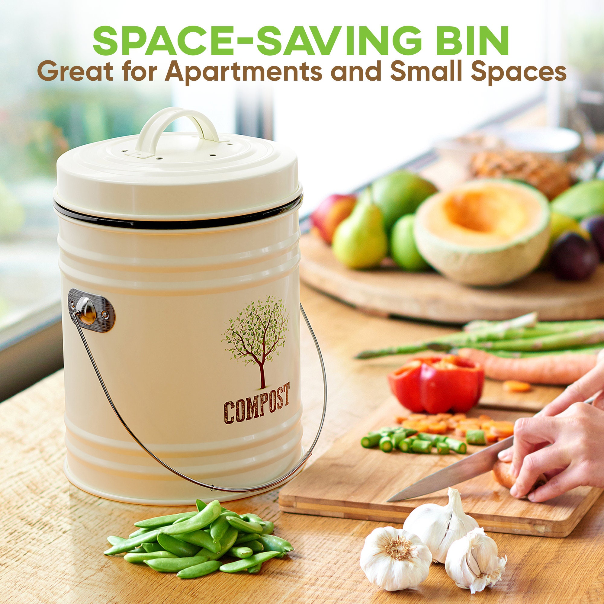 Kitchen Counter Compost Bin, Compost Pail With Inner Liner, Small Compost  Bin, Includes Charcoal Filter White Color 