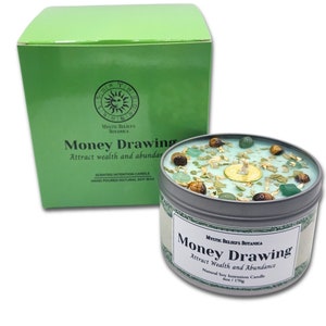 Money Drawing Intention Candle With Crystals And Herbs - Cedarwood & Vanilla Scented Organic Soy Wax - Attract Wealth - Crystal Candle Gift
