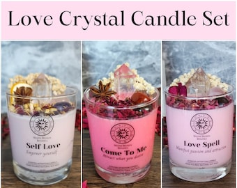 Love Crystal Candle Set - Money Saver Bundle -  Intention Candles With Crystals and Herbs - Romantic Crystal Gift