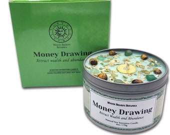 Money Drawing Intention Candle With Crystals And Herbs - Cedarwood & Vanilla Scented Organic Soy Wax - Attract Wealth - Crystal Candle Gift