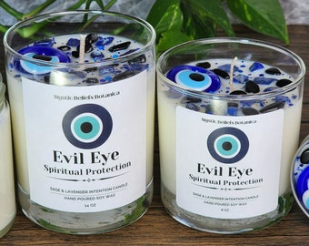 Evil Eye Candle With Authentic Turkish Glass Pendant - Sage & Lavender Scented Soy Wax - Remove Negative Energy - Spiritual Protection Gift