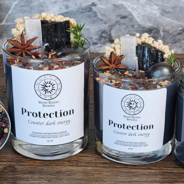 Protection Candle With Crystals And Herbs - Grapefruit & Palo Santo Scented Organic Soy Wax - Spiritual Protection Gift