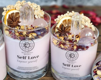 Self Love Intention Candle With Luxury Crystals and Herbs - Empowerment Candle - Honeysuckle Scented Natural Soy Wax - Positive Crystal Gift