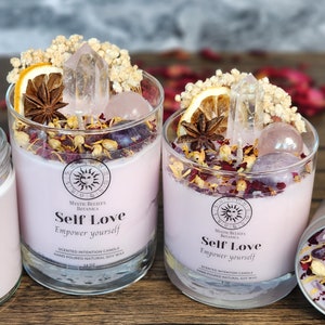 Self Love Intention Candle With Luxury Crystals and Herbs - Empowerment Candle - Honeysuckle Scented Natural Soy Wax - Positive Crystal Gift