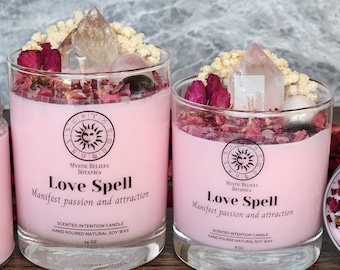 Love Spell Candle With Crystals and Herbs - Manifest Love and Attraction - Scented Organic Soy Wax - Romantic Crystal Gift - Gift For Women