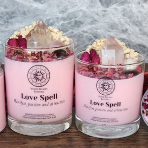 Love Spell Candle With Crystals and Herbs - Manifest Love and Attraction - Scented Organic Soy Wax - Romantic Crystal Gift - Gift For Women