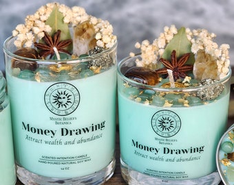 Money Drawing Intention Candle With Crystals And Herbs - Cedarwood & Vanilla Scented Organic Soy Wax - Attract Wealth - Crystal Candle Gift