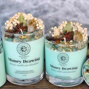 Money Drawing Intention Candle With Crystals And Herbs - Cedarwood & Vanilla Scented Organic Soy Wax - Attract Wealth - Crystal Candle Gift