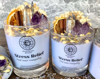 Stress & Anxiety Relief Intention Candle With Luxury Crystals and Herbs - Natural Soy Wax Candle - Housewarming Crystal Gift - Meditation