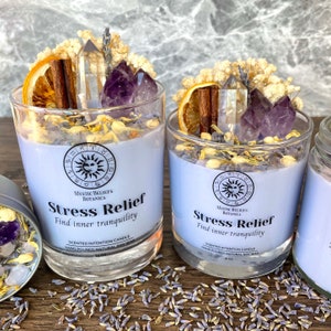 Stress & Anxiety Relief Intention Candle With Luxury Crystals and Herbs - Natural Soy Wax Candle - Housewarming Crystal Gift - Meditation