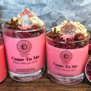 Come To Me Candle With Crystals and Herbs - Jasmine and Gardenia Scented Organic Soy Wax - Manifest Love & Attraction -  Romantic Gift