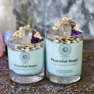 Peaceful Home Candle With Crystals and Herbs - Cedar Leaf and Citrus Scented Organic Soy Wax - Meditation Candle - Housewarming Crystal Gift