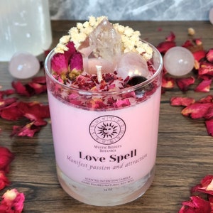 Love Spell Candle With Crystals and Herbs Manifest Love and Attraction Scented Organic Soy Wax Romantic Crystal Gift Gift For Women 14oz Glass Tumbler