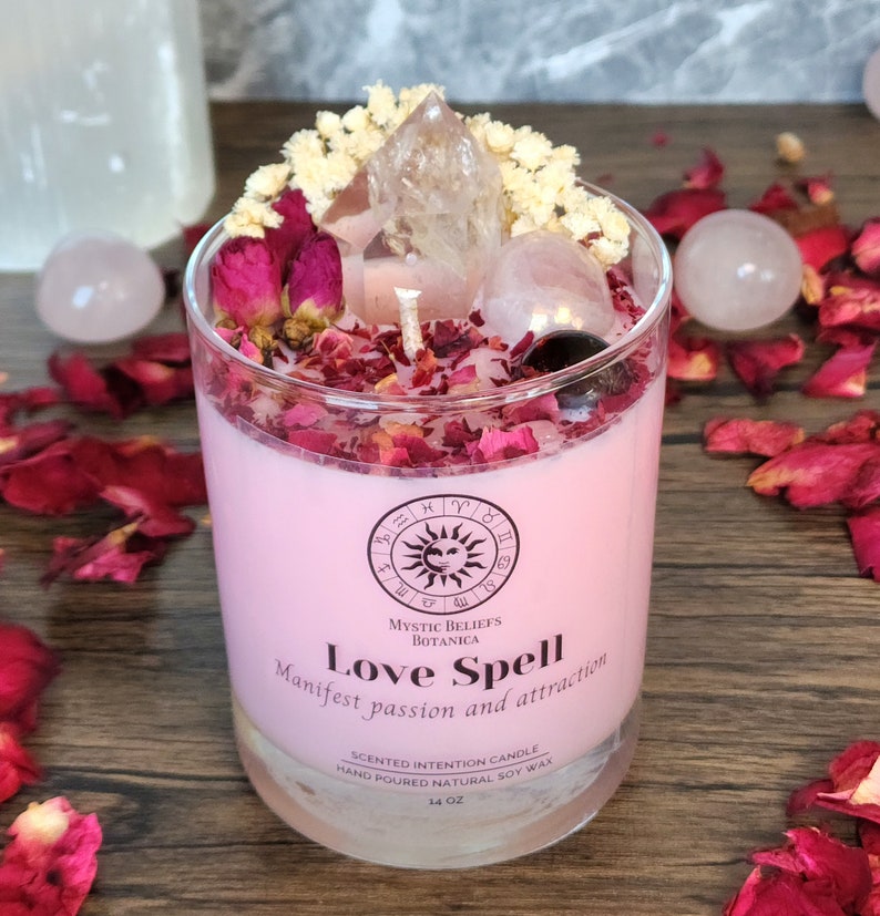 Love Spell Candle With Crystals and Herbs Manifest Love and Attraction Scented Organic Soy Wax Romantic Crystal Gift Gift For Women 14oz Glass Tumbler