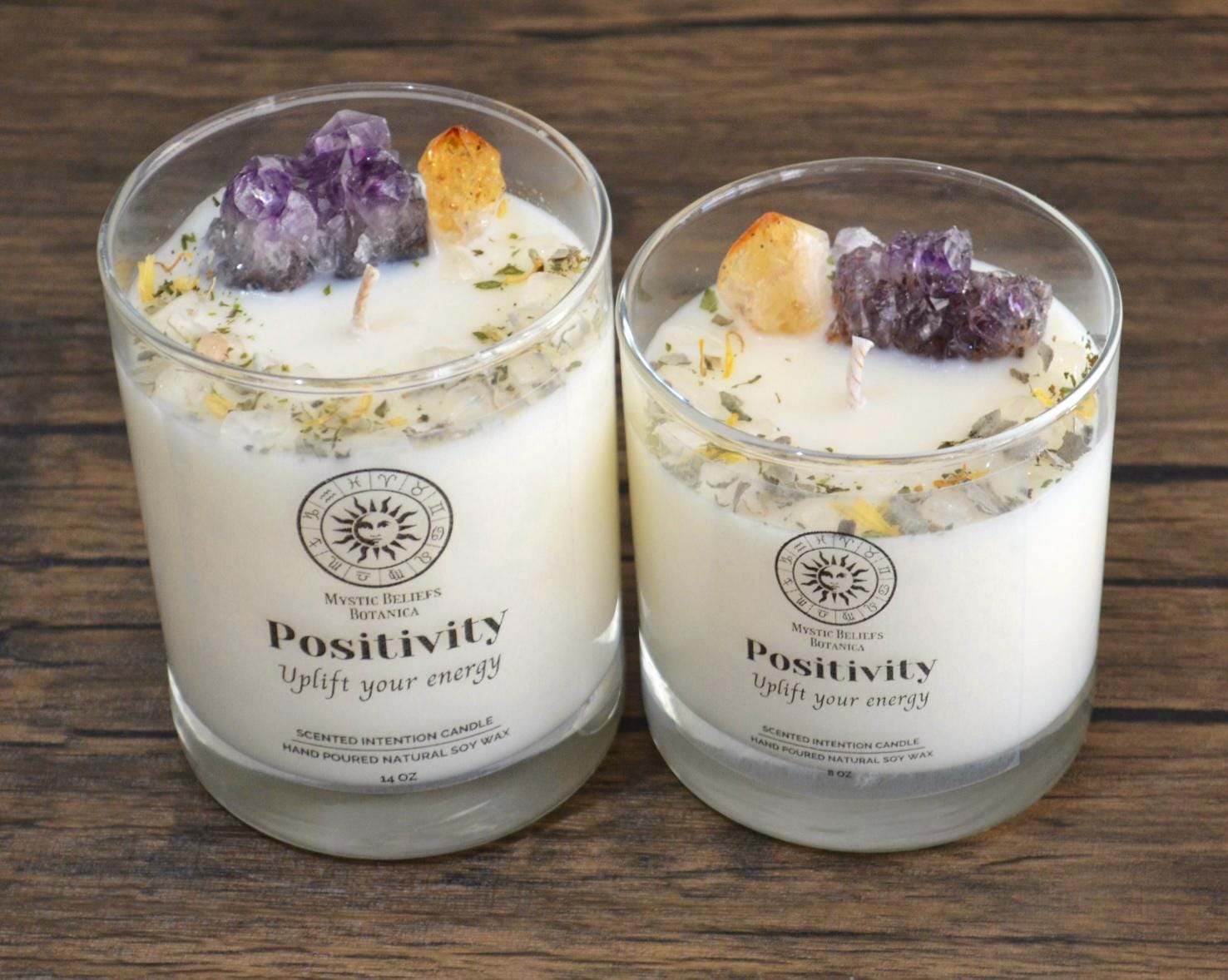 Positivity Candle - Positive Energy Intention Candle - Amethyst & Citrine Candle - 100% Natural Soy Candle with Crystals - Good Vibes Candle