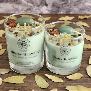 Money Drawing Intention Candle With Crystals And Herbs - Cedarwood & Vanilla Scented Organic Soy Wax - Attract Wealth - Crystal Candle Gift