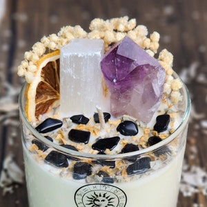 Energy Cleanse Candle With Crystals and Herbs Citrus & Sage Scented Organic Soy Wax Cleanse Your Home Crystal Candle Gift image 2