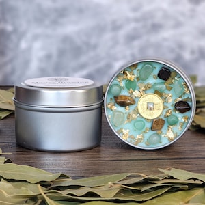 Money Drawing Intention Candle With Crystals And Herbs - Cedarwood & Vanilla Scented Organic Soy Wax - Attract Wealth - Crystal Candle Gift