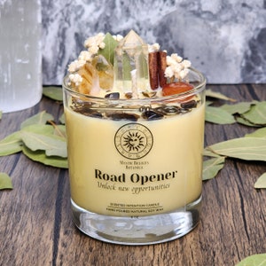 Road Opener Intention Candle With Luxury Crystals And Herbs Remove Blockages And Unlock New Opportunities Handmade with Natural Soy Wax 8oz Glass Tumbler