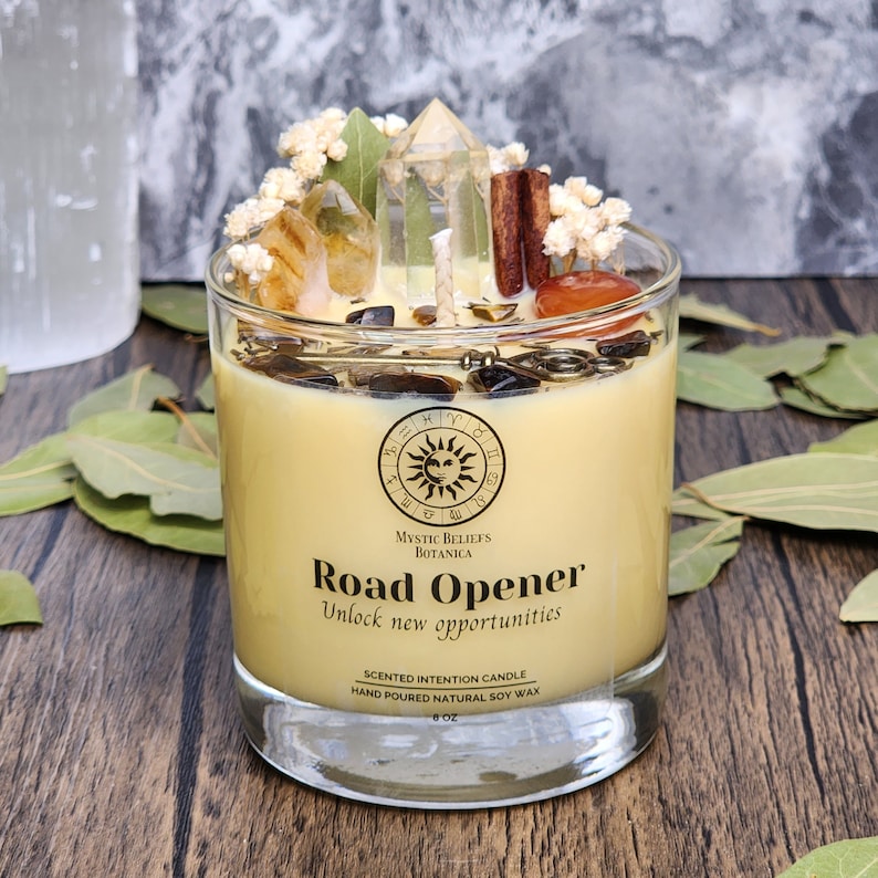 Road Opener Intention Candle With Luxury Crystals And Herbs Remove Blockages And Unlock New Opportunities Handmade with Natural Soy Wax 8oz Glass Tumbler