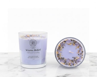Stress Relief Candle - Natural Soy Wax Candle Decorated With Crystals and Herbs - Housewarming Gift - Meditation