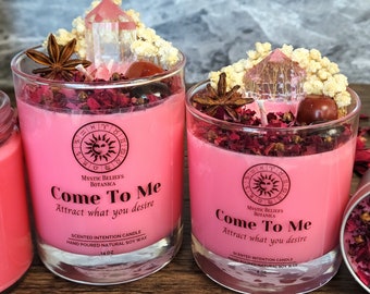 Come To Me Candle With Crystals and Herbs - Jasmine and Gardenia Scented Organic Soy Wax - Manifest Love & Attraction -  Romantic Gift