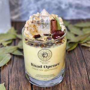 Road Opener Intention Candle With Luxury Crystals And Herbs Remove Blockages And Unlock New Opportunities Handmade with Natural Soy Wax 14oz Glass Tumbler