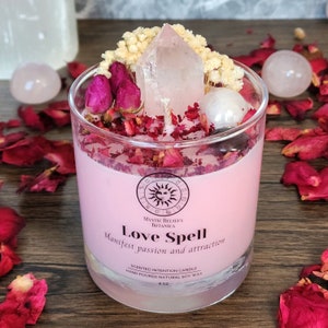 Love Spell Candle With Crystals and Herbs Manifest Love and Attraction Scented Organic Soy Wax Romantic Crystal Gift Gift For Women 8oz Glass Tumbler