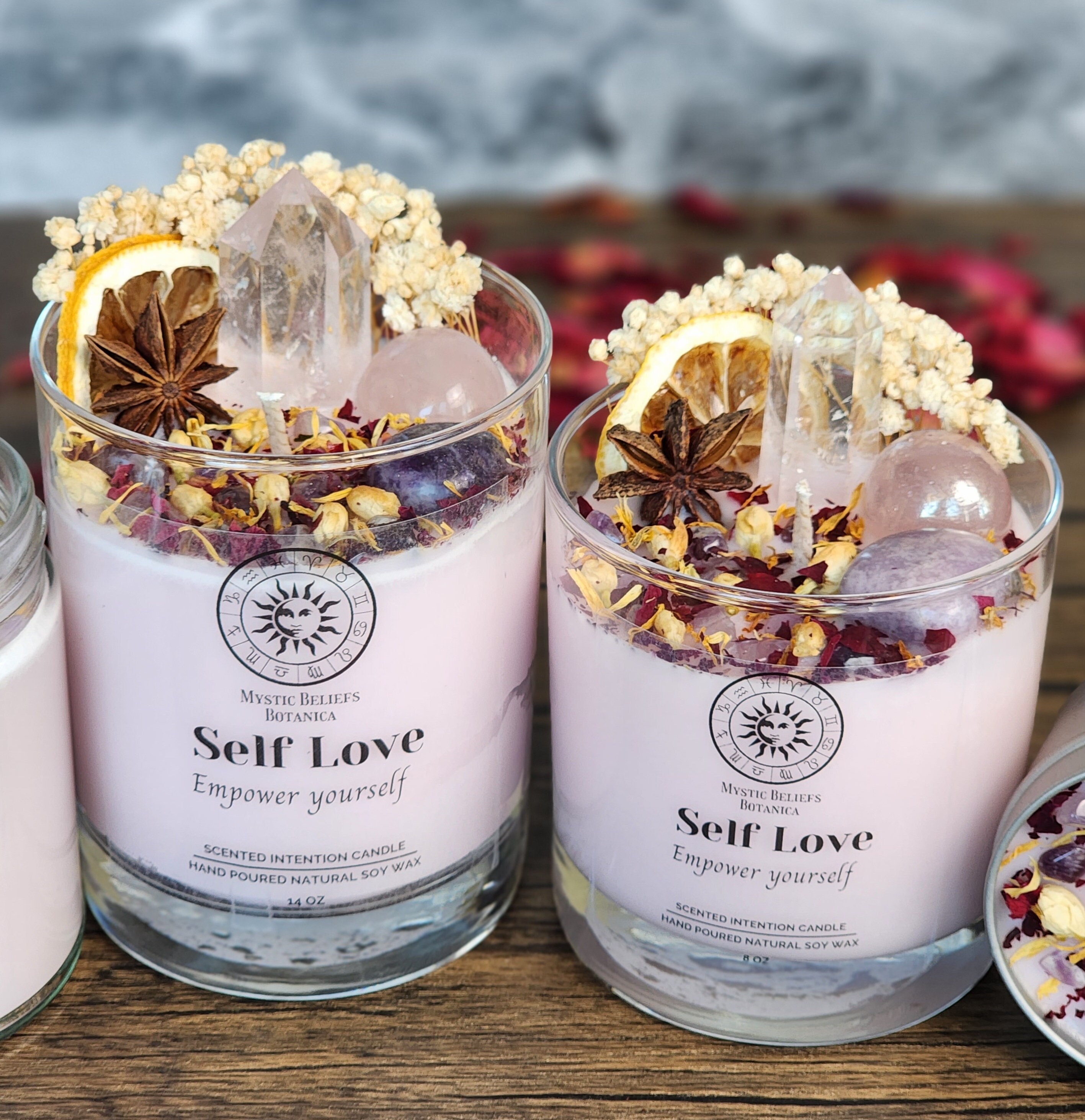 Self Love Intention Candle With Luxury Crystals and Herbs