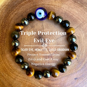 Triple Protection Bracelet with Evil Eye - Evil Eye Bracelet - Tiger Eye - Hematite - Silver Obsidian - Protection Bracelet - 8mm Bracelet