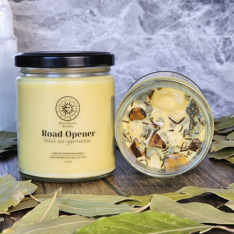 Road Opener Intention Candle With Luxury Crystals And Herbs Remove Blockages And Unlock New Opportunities Handmade with Natural Soy Wax image 2