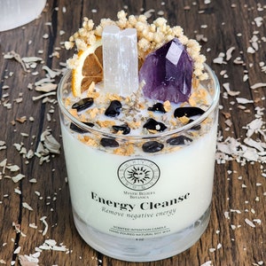 Energy Cleanse Candle With Crystals and Herbs Citrus & Sage Scented Organic Soy Wax Cleanse Your Home Crystal Candle Gift 8oz Glass Tumbler