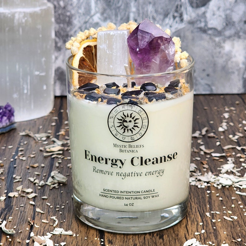 Energy Cleanse Candle With Crystals and Herbs Citrus & Sage Scented Organic Soy Wax Cleanse Your Home Crystal Candle Gift 14oz Glass Tumbler