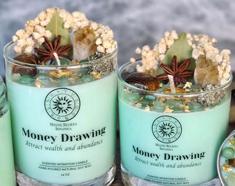 Money Drawing Intention Candle With Crystals And Herbs - Cedarwood & Vanilla Scented Organic Soy Wax - Attract Wealth - Crystal Candle Gift