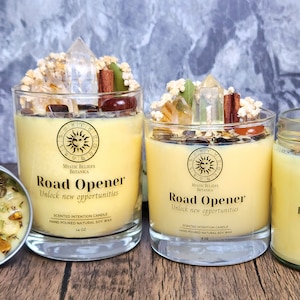 Road Opener Intention Candle With Luxury Crystals And Herbs - Remove Blockages And Unlock New Opportunities - Handmade with Natural Soy Wax