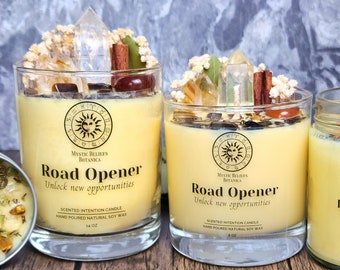 Road Opener Intention Candle With Luxury Crystals And Herbs - Remove Blockages And Unlock New Opportunities - Handmade with Natural Soy Wax