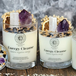 Energy Cleanse Candle With Crystals and Herbs Citrus & Sage Scented Organic Soy Wax Cleanse Your Home Crystal Candle Gift image 1