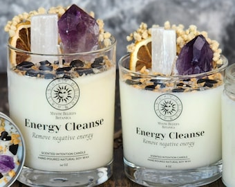 Energy Cleanse Intention Candle With Luxury Crystals and Herbs - Citrus & Sage Scented Natural Soy Wax -  Remove Negative Energy Gift