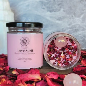 Love Spell Candle With Crystals and Herbs Manifest Love and Attraction Scented Organic Soy Wax Romantic Crystal Gift Gift For Women 7.5oz Jar with Lid