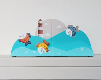 Ocean themed bookend for kids, hand painted wooden bookend, nursery nautical, fish,lighthouse, sea decor, book organizer, beach baby gift