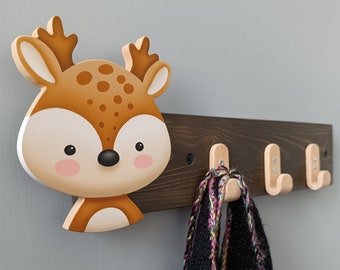 deer wall hanger, woodland baby nursery, hand painted wooden hanger, forest themed nursery, kids wall decor, animal playroom art, deer hook