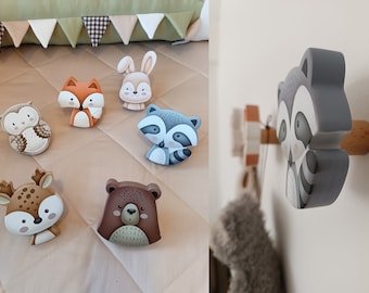 Haken, Waldtier, Kinderzimmer Dekor, Kindermöbel, Kinderzimmer Geschenk, Bär, Fuchs, Waschbär, Kaninchen, Reh, Eule, handbemalte Holzhaken, 1 Stk